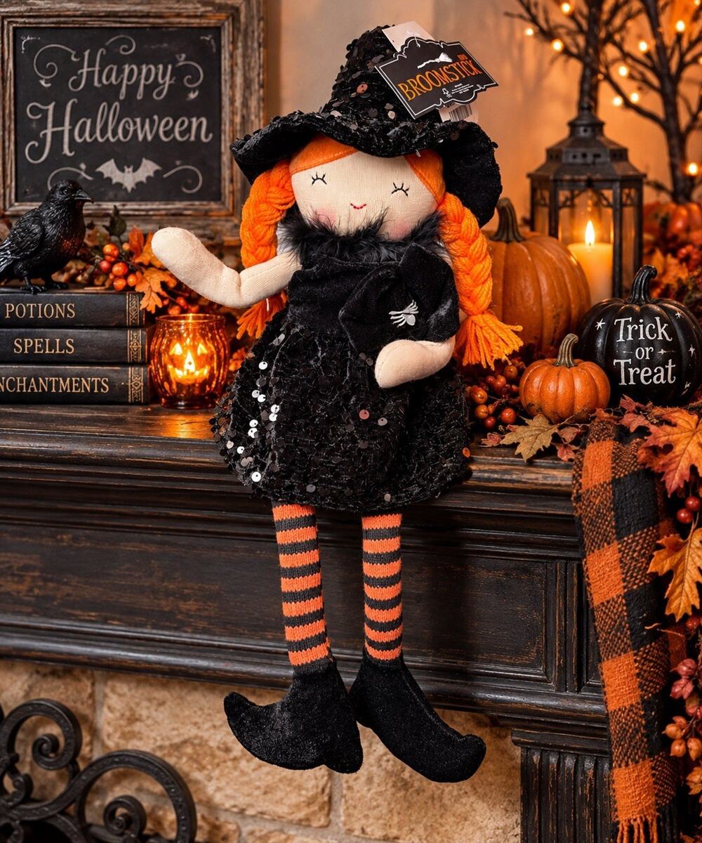 Broomstick Blvd Halloween Witch Doll 22” Sequin Dress Orange Hair NWT Decor